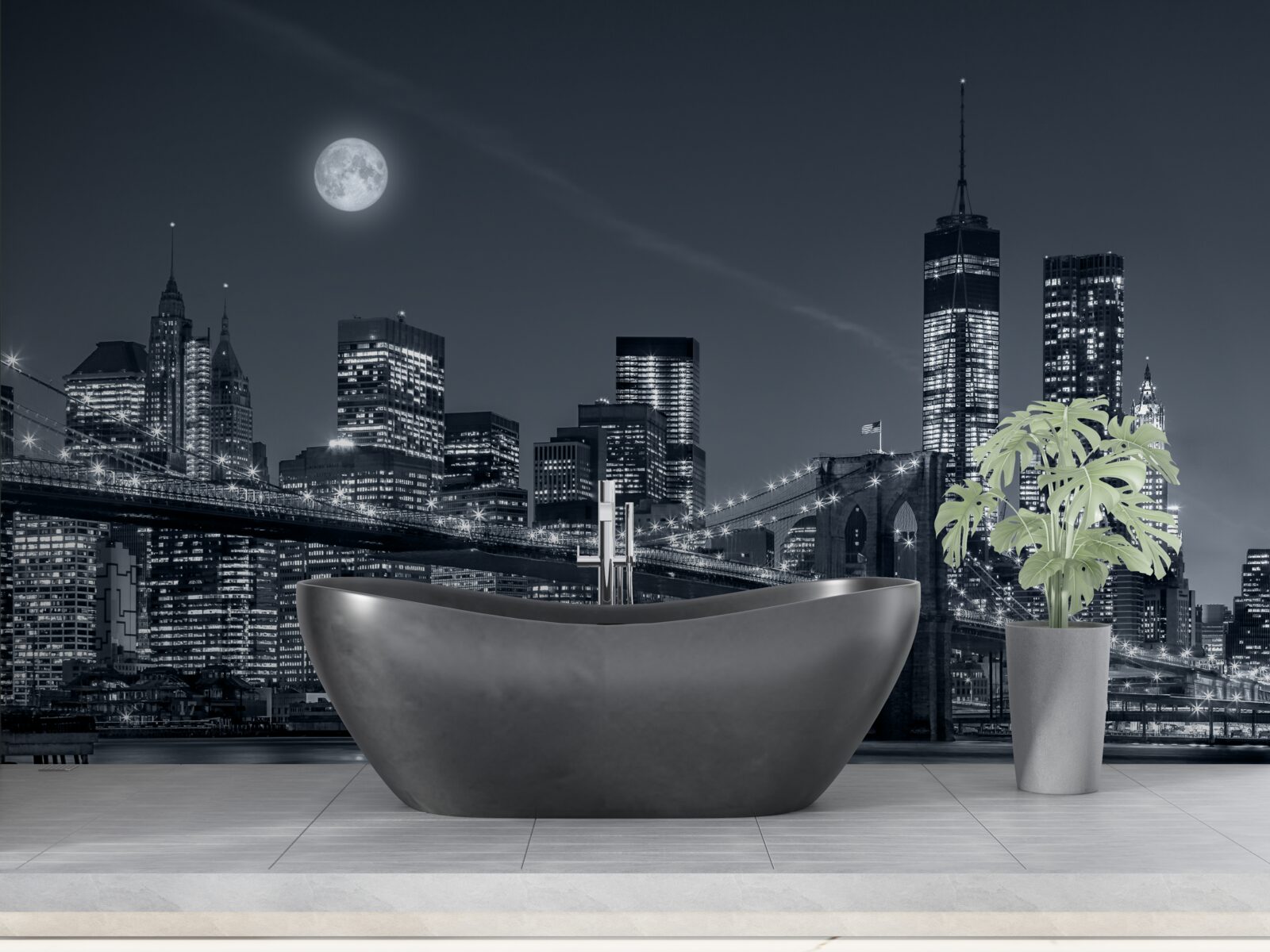 Fotobehang zwart-wit new york in het licht van de volle maan