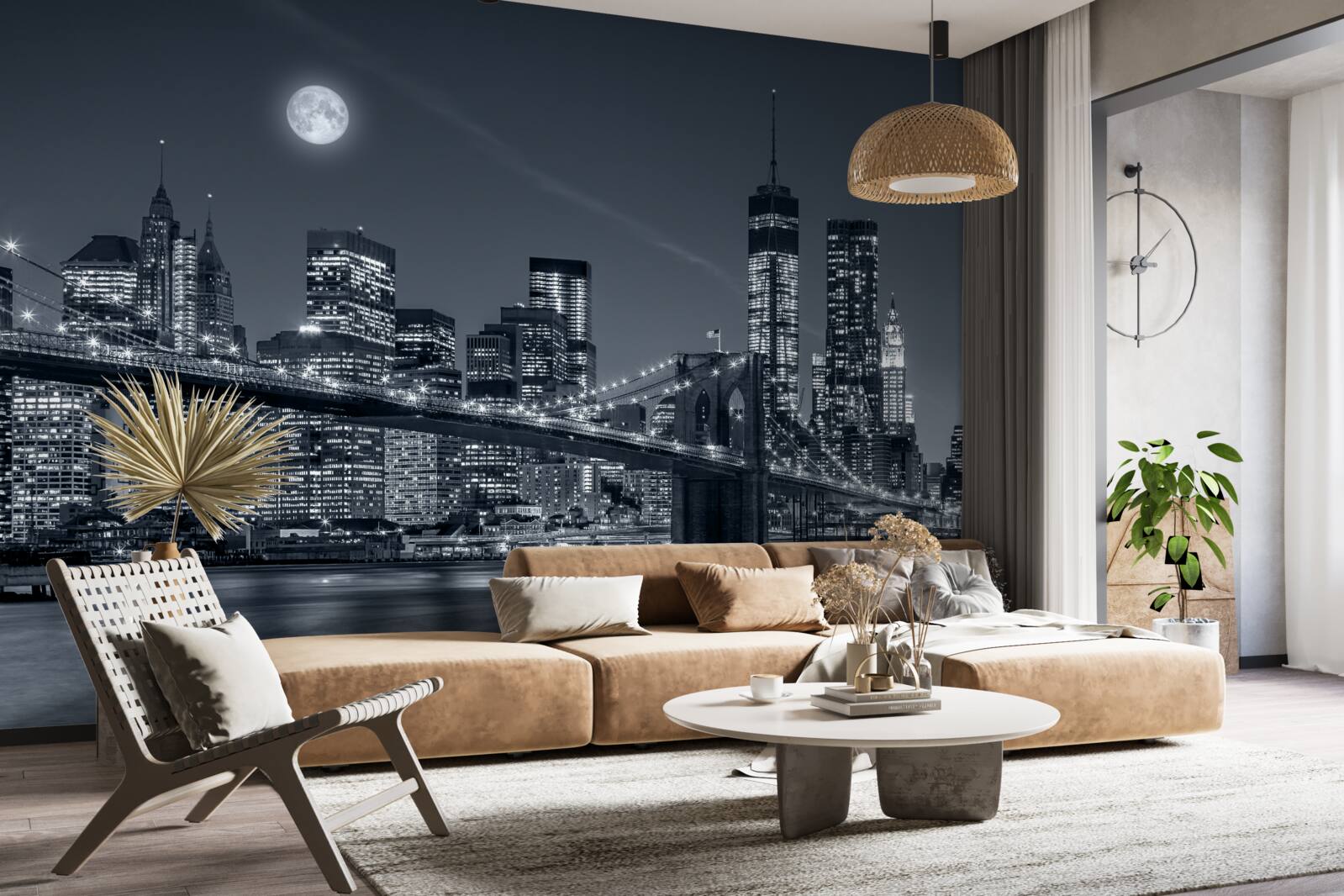 Fotobehang zwart-wit new york in het licht van de volle maan