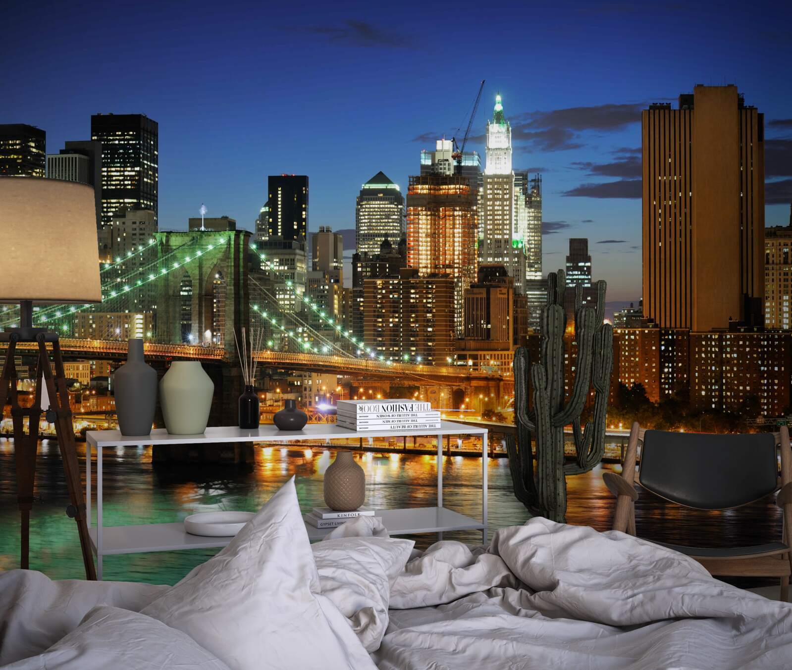 Fotobehang panorama van new york bij nacht vanaf de overkant