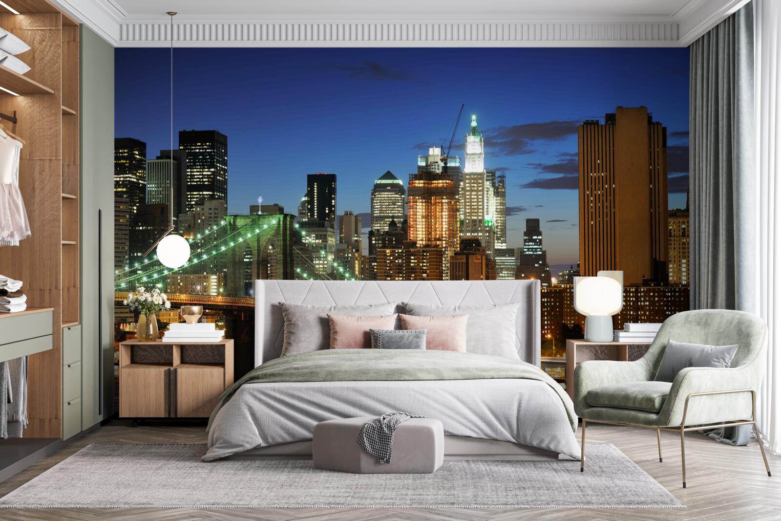 Fotobehang panorama van new york bij nacht vanaf de overkant
