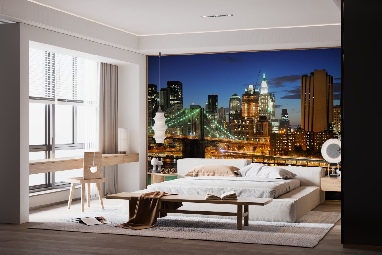 Fotobehang panorama van new york bij nacht vanaf de overkant