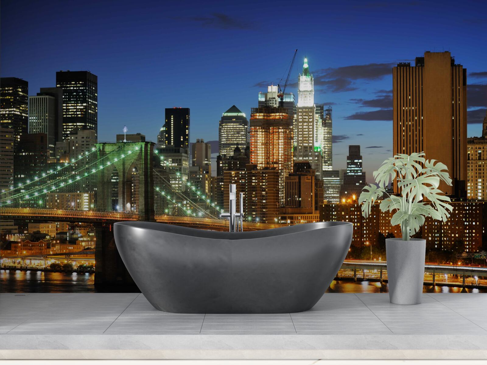 Fotobehang panorama van new york bij nacht vanaf de overkant