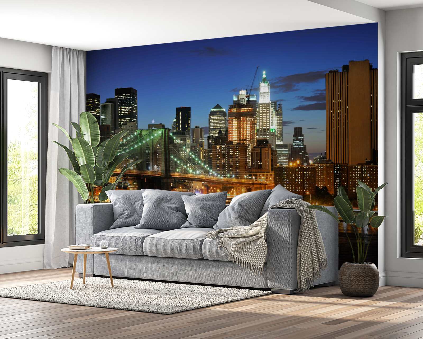 Fotobehang panorama van new york bij nacht vanaf de overkant
