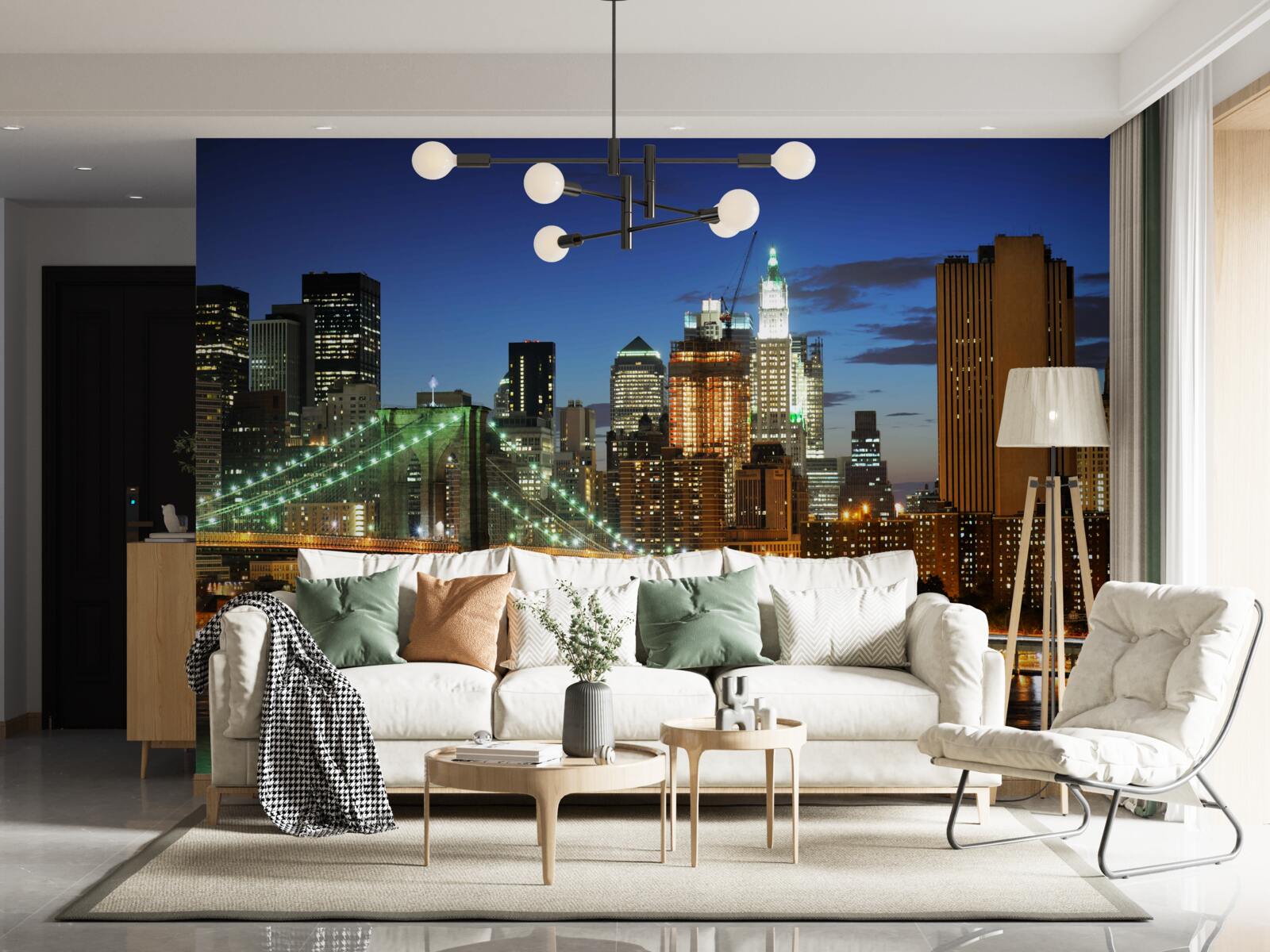 Fotobehang panorama van new york bij nacht vanaf de overkant