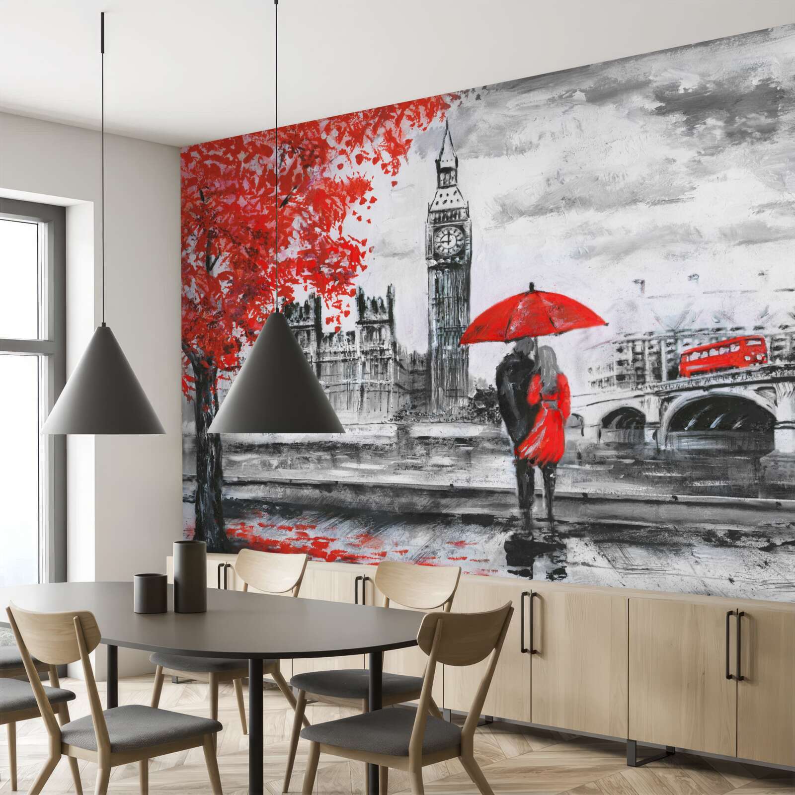 Fotobehang twee mensen onder een scharlakenrode paraplu kijken naar grote Ben