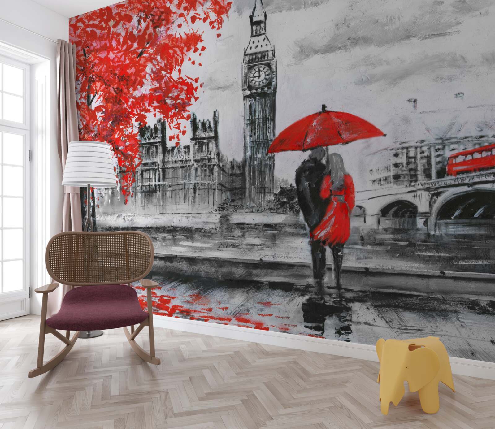 Fotobehang twee mensen onder een scharlakenrode paraplu kijken naar grote Ben