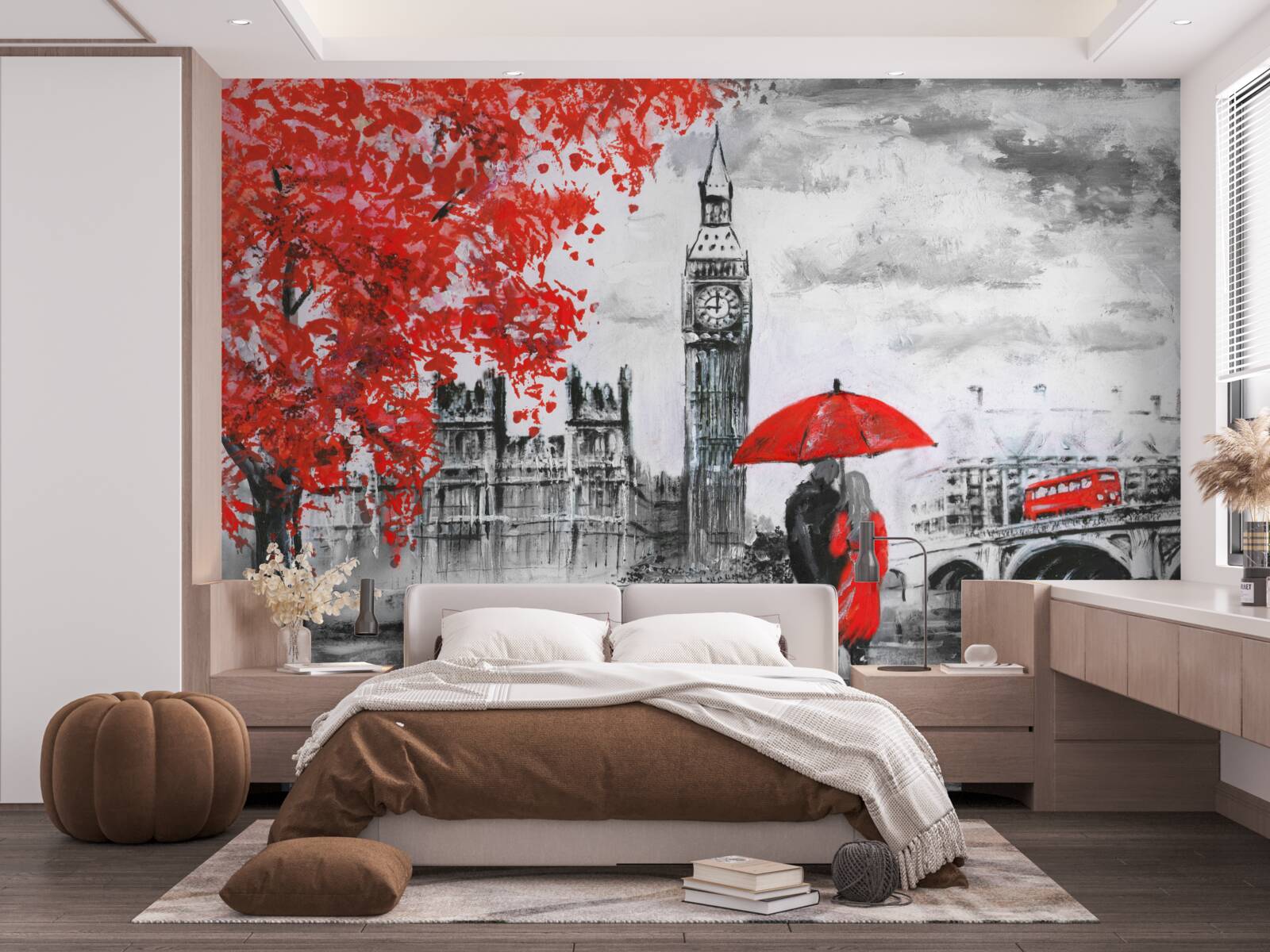 Fotobehang twee mensen onder een scharlakenrode paraplu kijken naar grote Ben