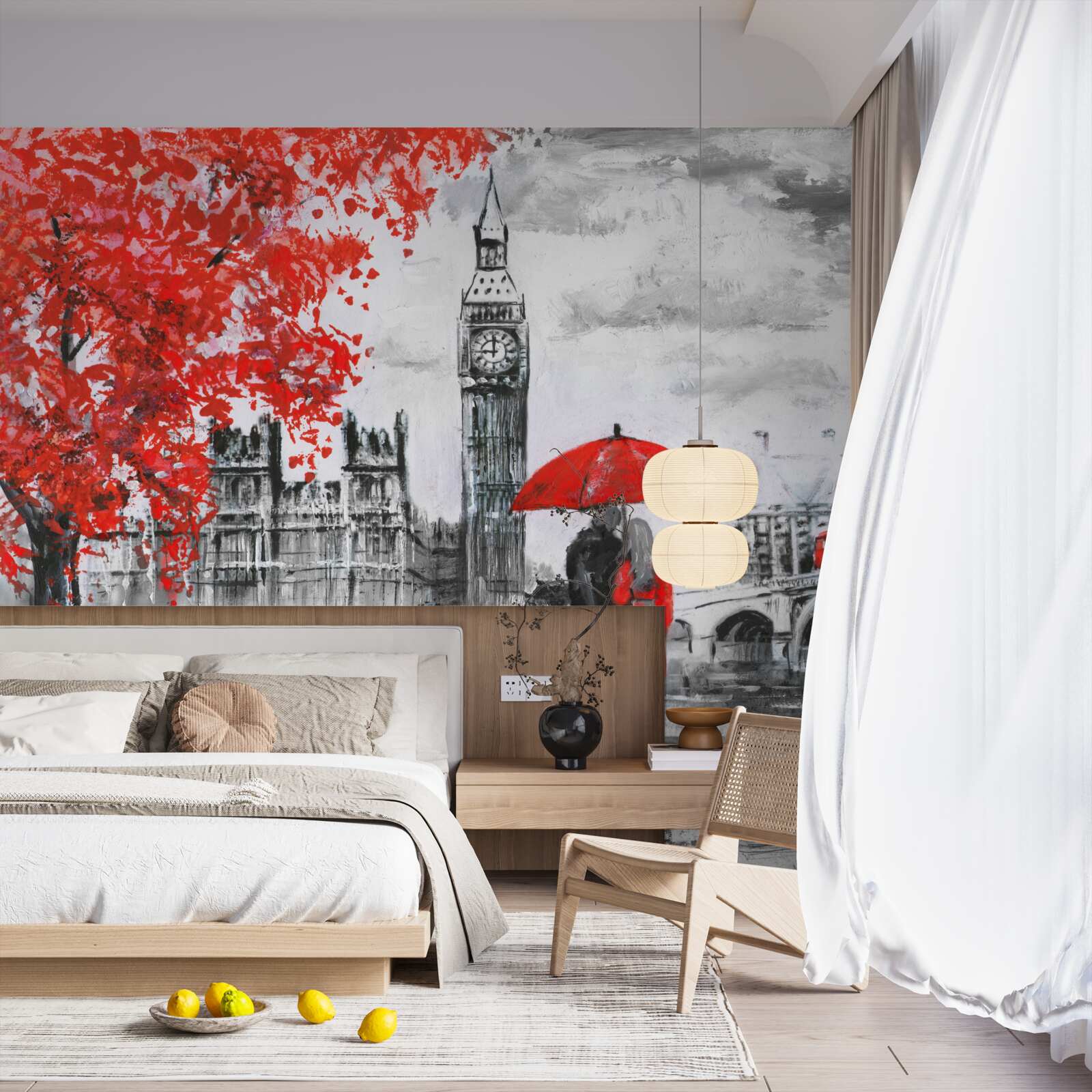 Fotobehang twee mensen onder een scharlakenrode paraplu kijken naar grote Ben