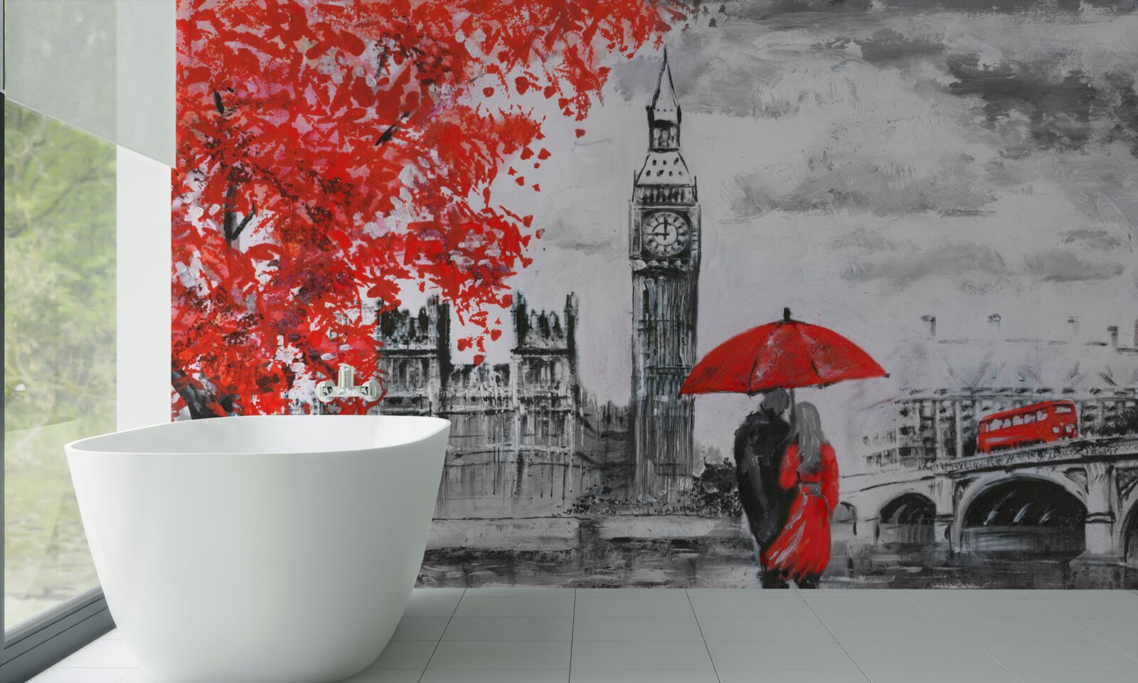 Fotobehang twee mensen onder een scharlakenrode paraplu kijken naar grote Ben