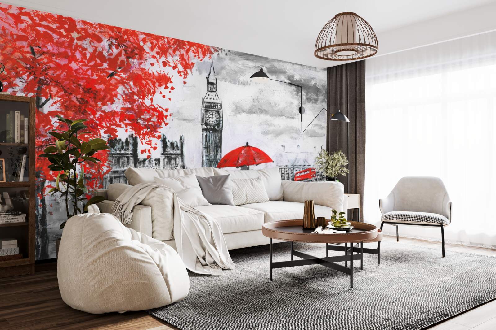 Fotobehang twee mensen onder een scharlakenrode paraplu kijken naar grote Ben