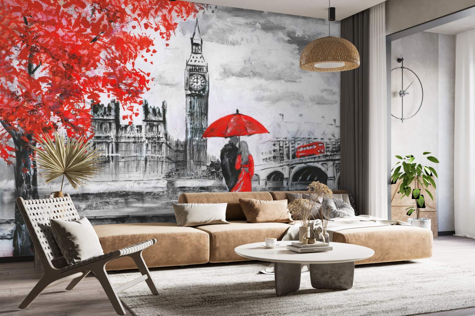 Fotobehang twee mensen onder een scharlakenrode paraplu kijken naar grote Ben