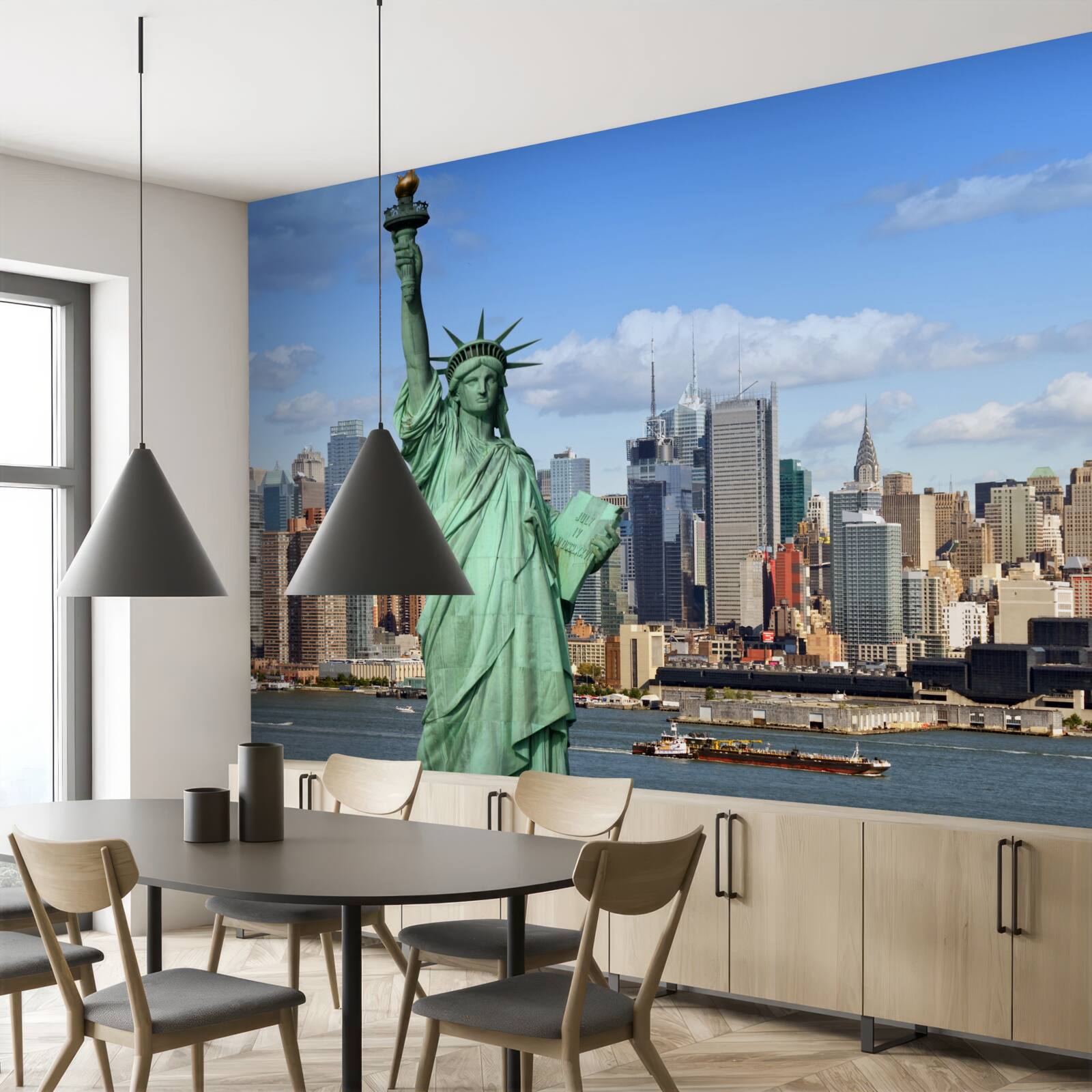 Fotobehang vrijheidsbeeld op de achtergrond van new york