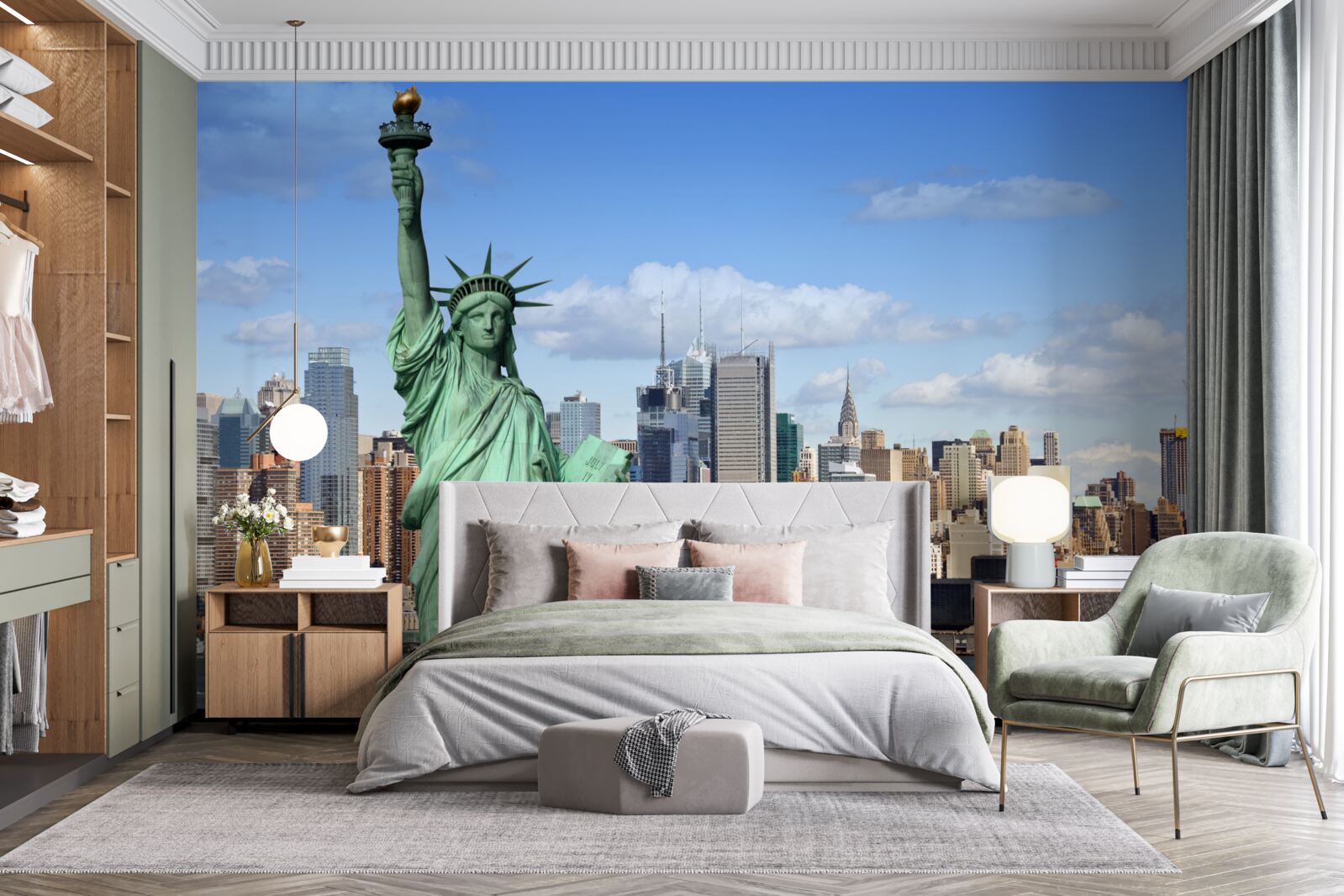 Fotobehang vrijheidsbeeld op de achtergrond van new york