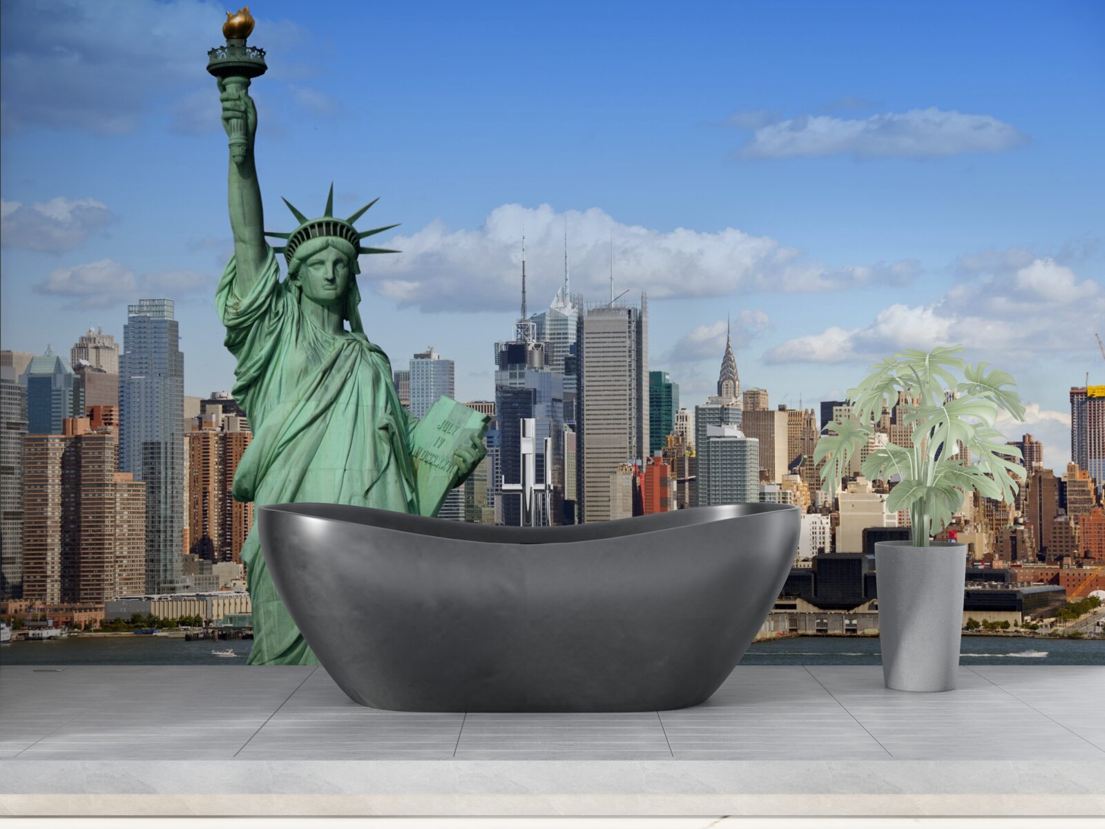 Fotobehang vrijheidsbeeld op de achtergrond van new york