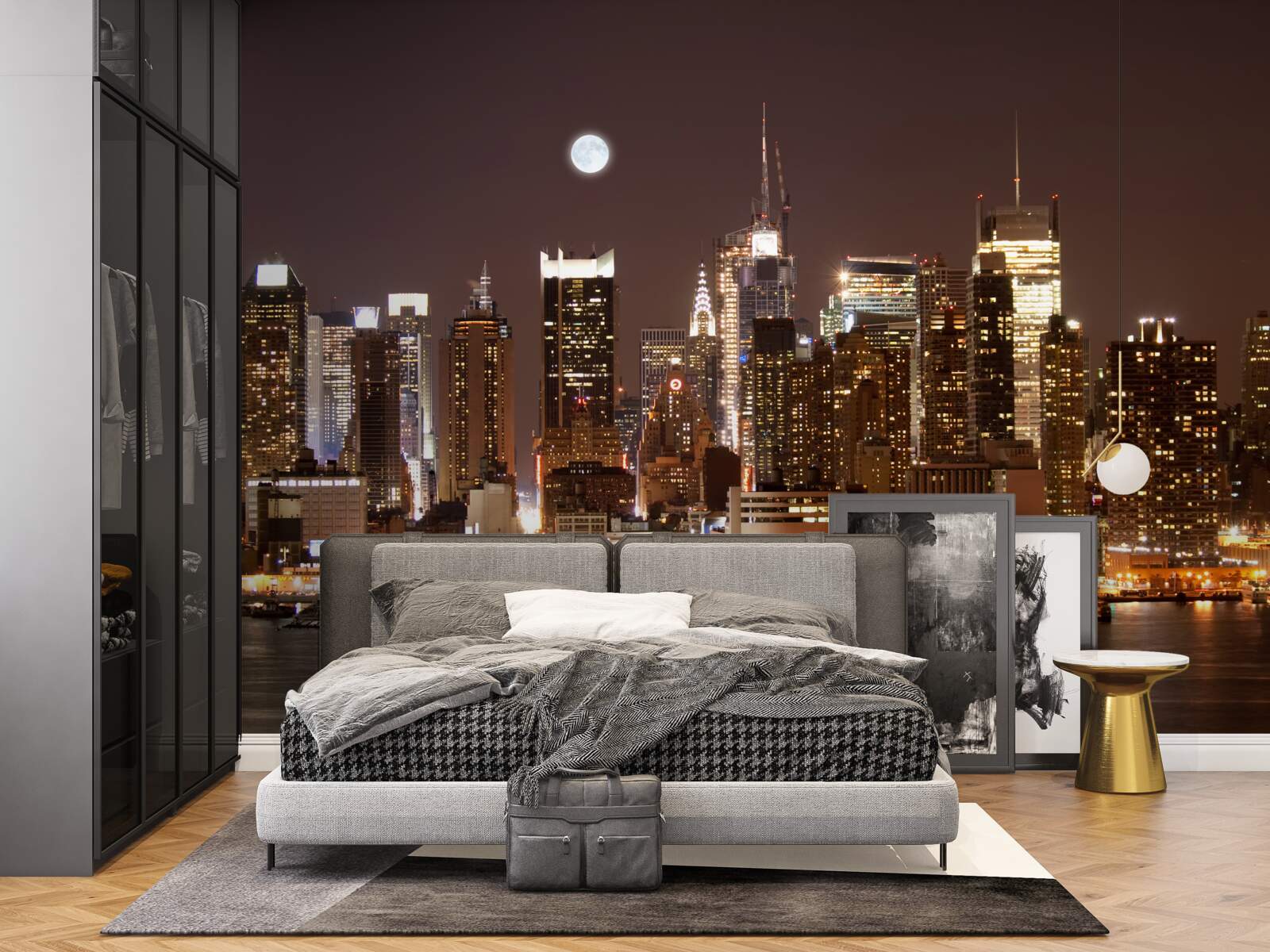 Fotobehang prachtig panoramisch uitzicht op manhattan bij nacht