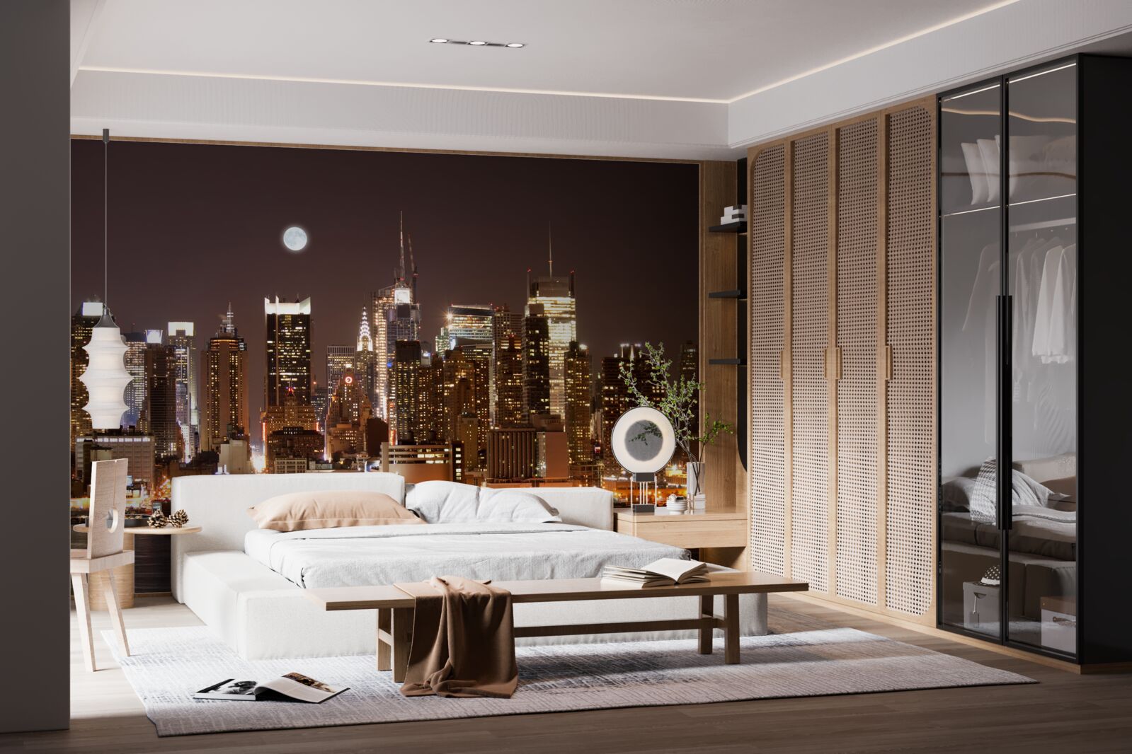 Fotobehang prachtig panoramisch uitzicht op manhattan bij nacht