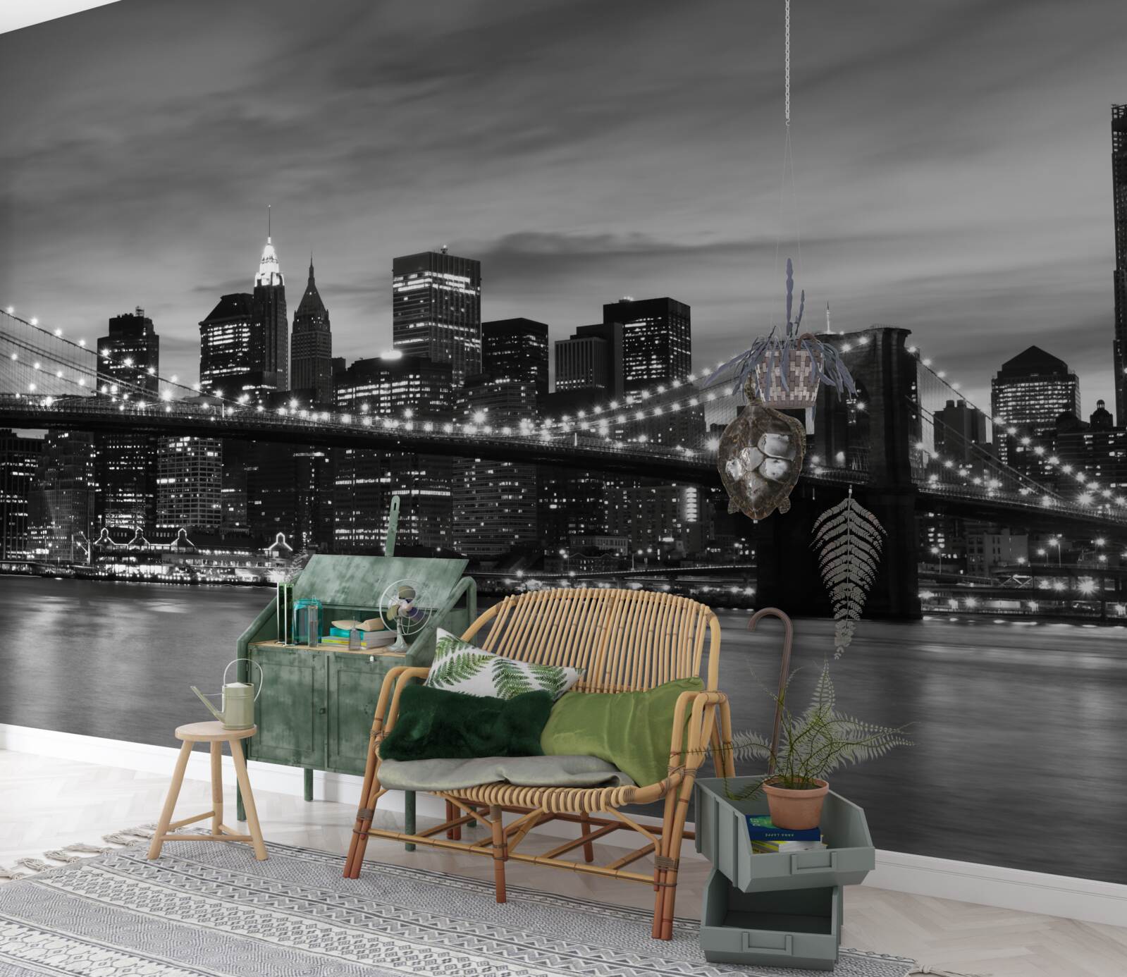 Fotobehang torens in zwart-wit en de Brooklyn Bridge