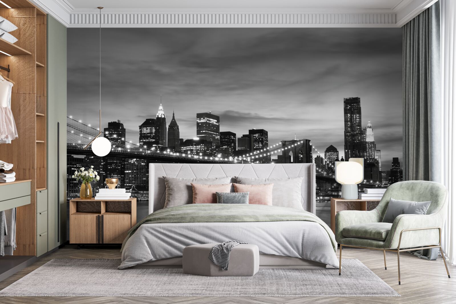 Fotobehang torens in zwart-wit en de Brooklyn Bridge