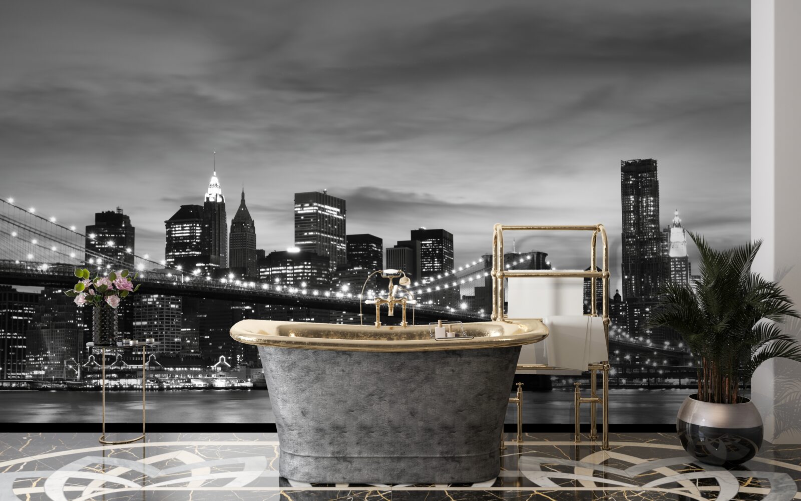Fotobehang torens in zwart-wit en de Brooklyn Bridge