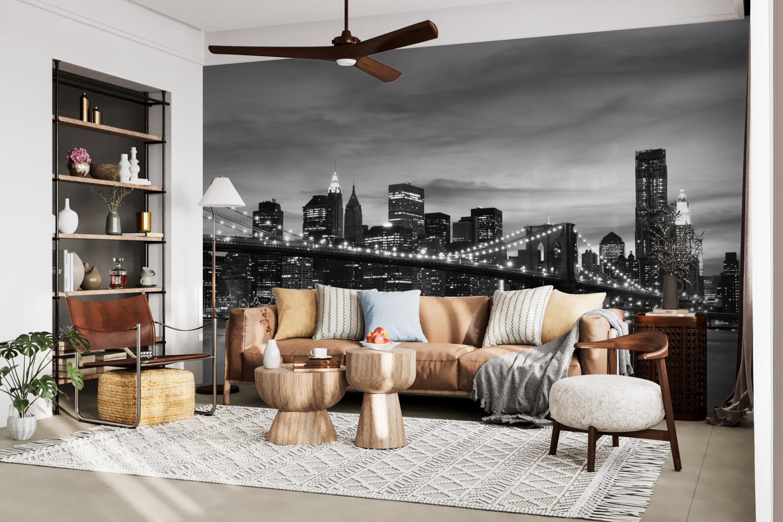 Fotobehang torens in zwart-wit en de Brooklyn Bridge