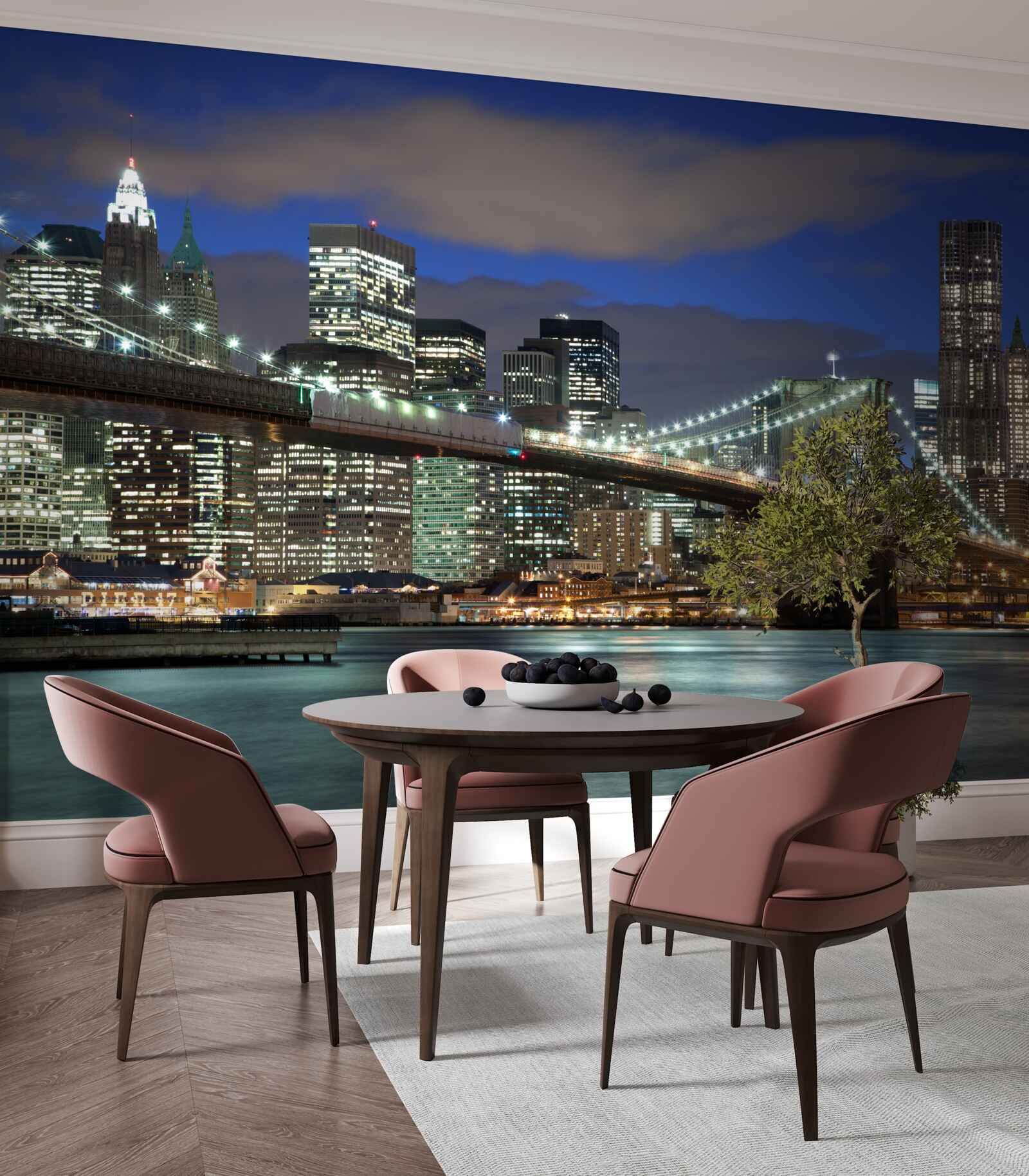 Fotobehang de stad bij nacht siert de contouren van de Brooklyn Bridge