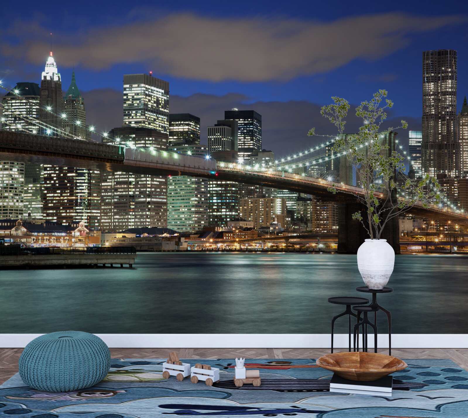 Fotobehang de stad bij nacht siert de contouren van de Brooklyn Bridge