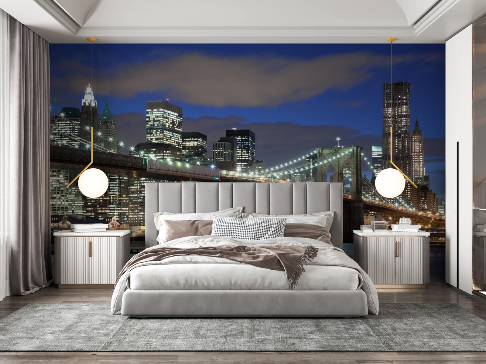 Fotobehang de stad bij nacht siert de contouren van de Brooklyn Bridge