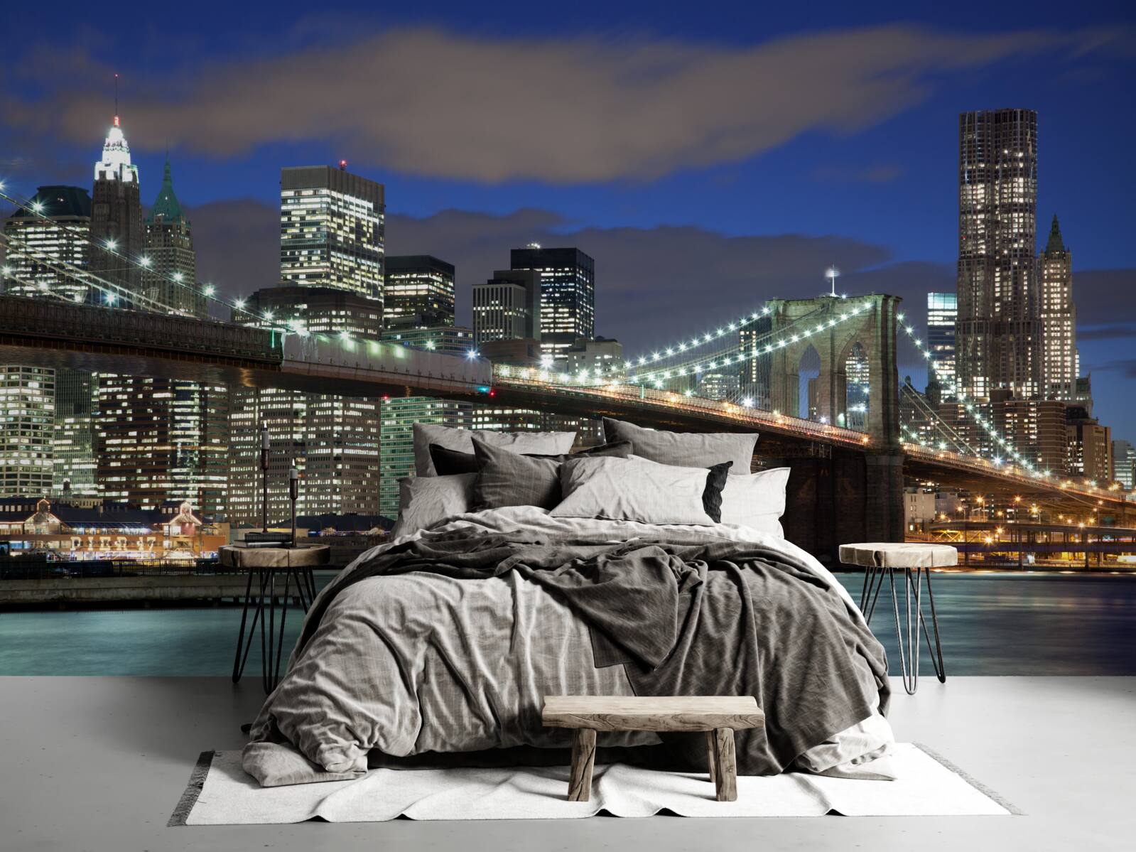 Fotobehang de stad bij nacht siert de contouren van de Brooklyn Bridge