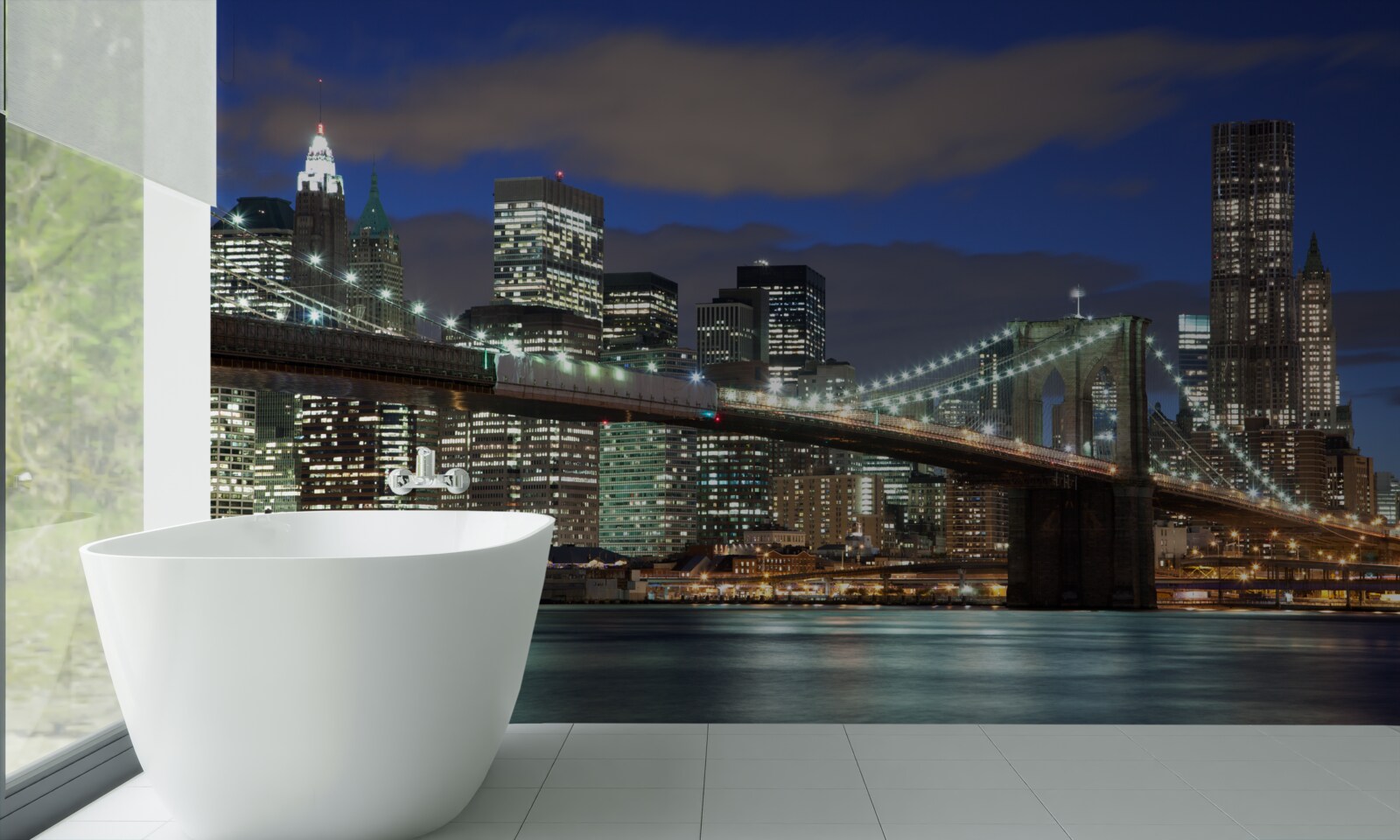 Fotobehang de stad bij nacht siert de contouren van de Brooklyn Bridge