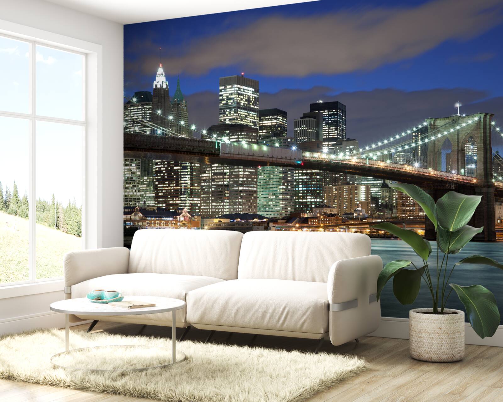 Fotobehang de stad bij nacht siert de contouren van de Brooklyn Bridge