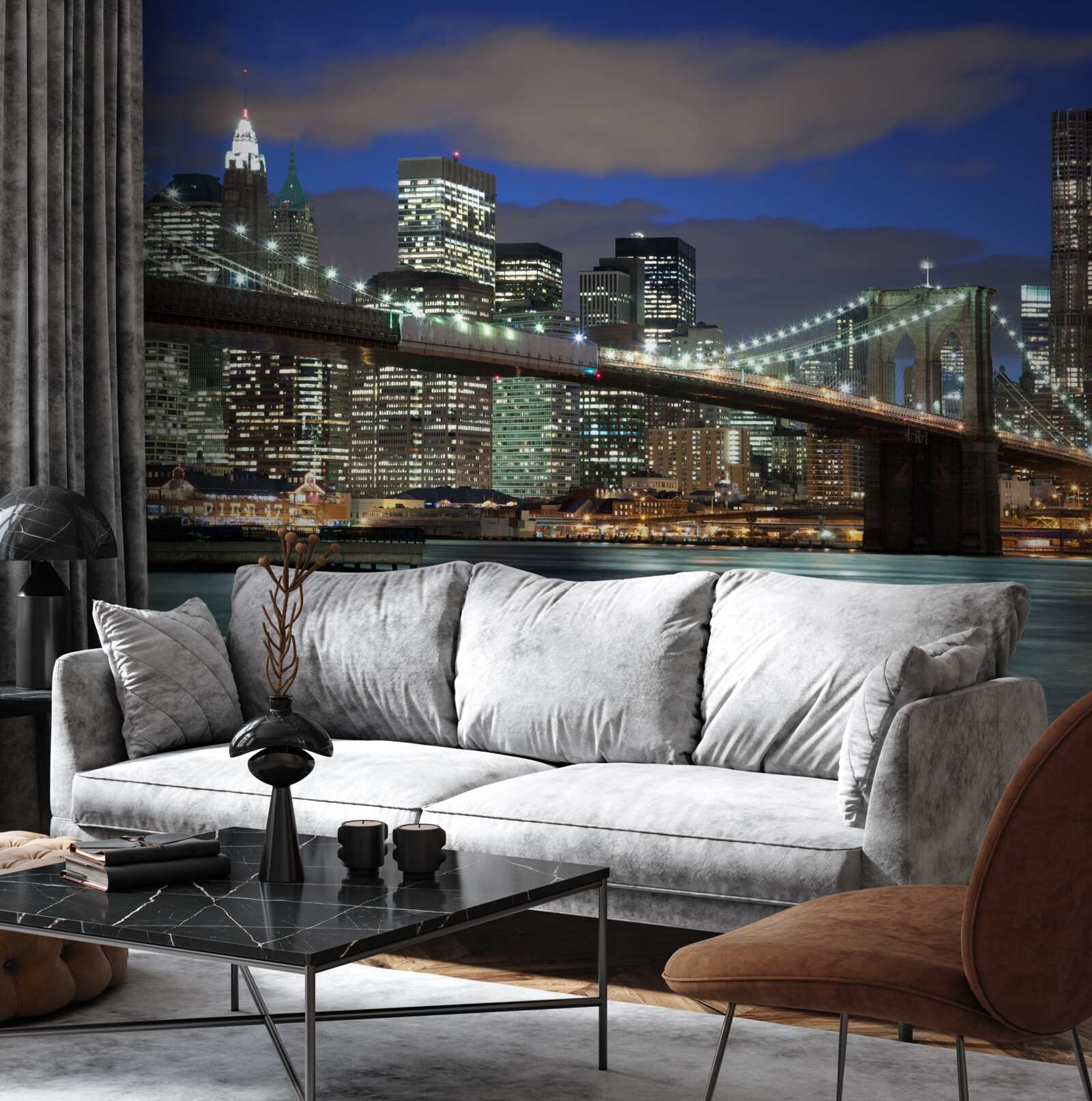 Fotobehang de stad bij nacht siert de contouren van de Brooklyn Bridge