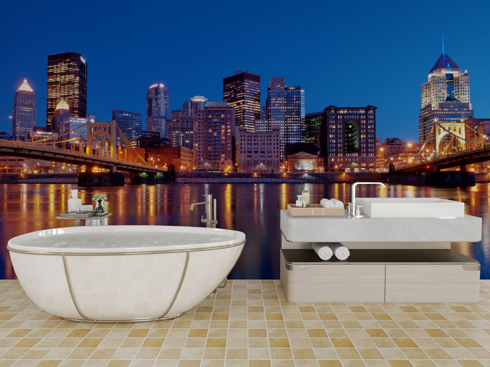 Fotobehang skyline van new york bij nacht