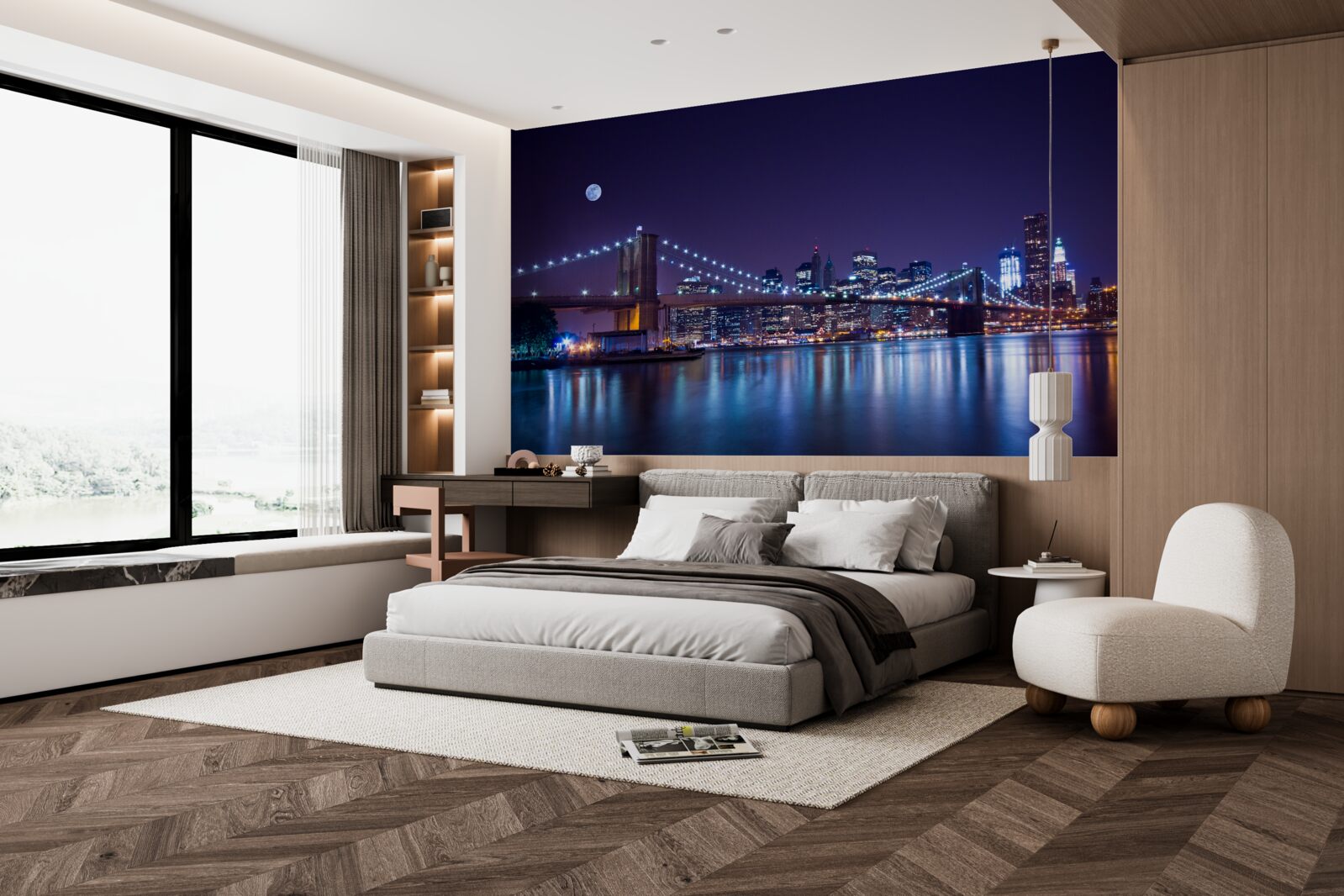 Fotobehang de reflecties van de nachtelijke lichten van de stad worden weerspiegeld in het water