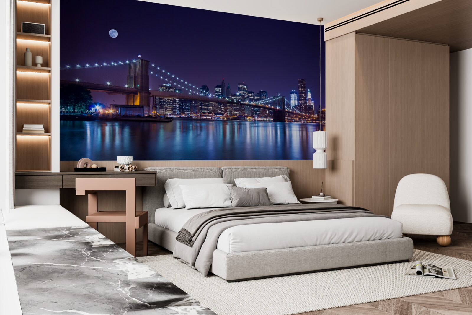 Fotobehang de reflecties van de nachtelijke lichten van de stad worden weerspiegeld in het water