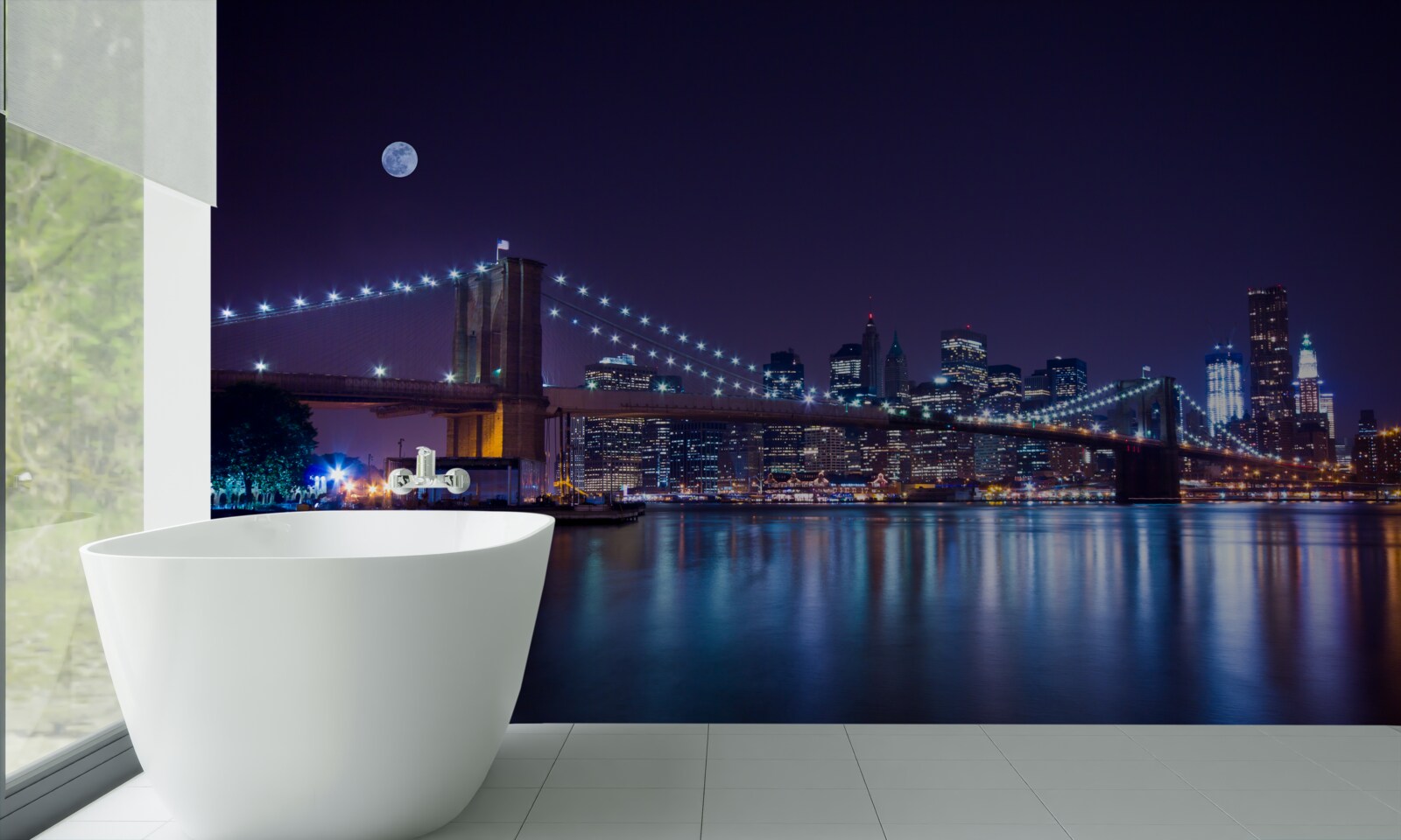 Fotobehang de reflecties van de nachtelijke lichten van de stad worden weerspiegeld in het water