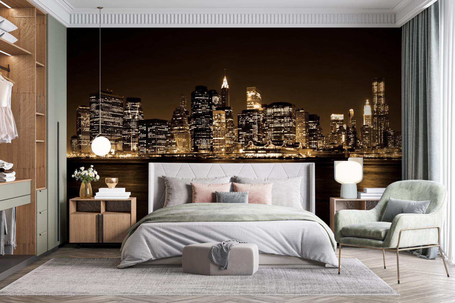 Fotobehang een gemoderniseerde stad onder een sterrenhemel