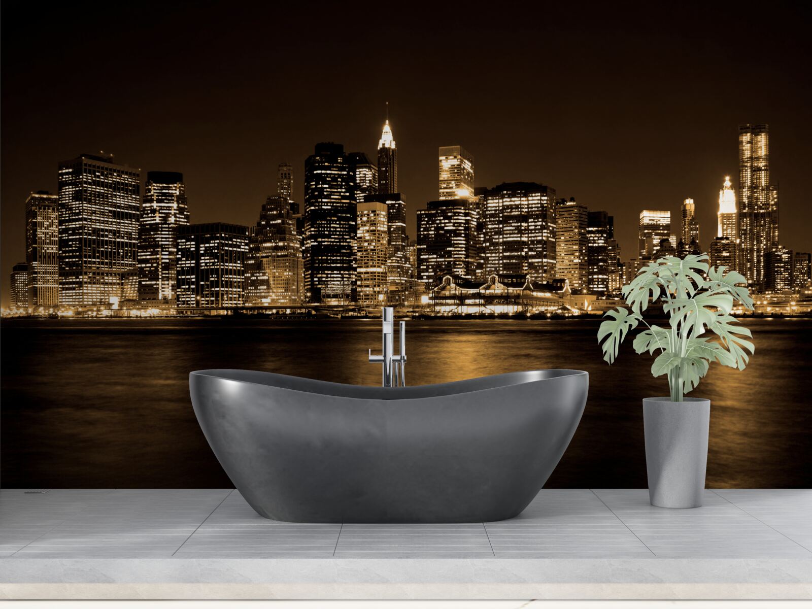 Fotobehang een gemoderniseerde stad onder een sterrenhemel