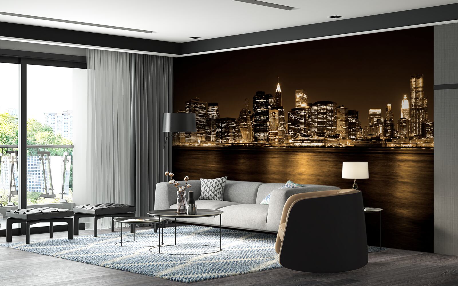 Fotobehang een gemoderniseerde stad onder een sterrenhemel