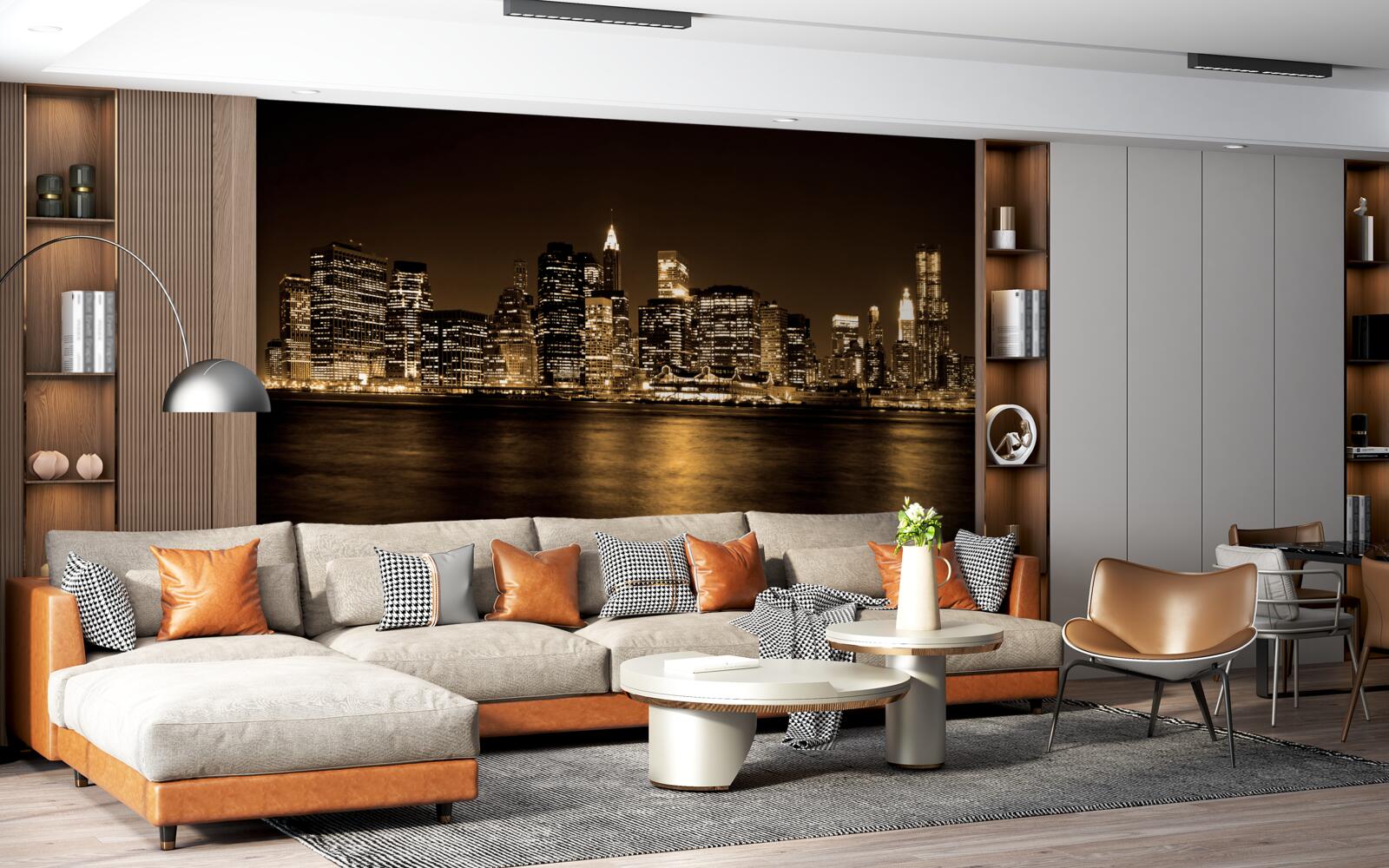 Fotobehang een gemoderniseerde stad onder een sterrenhemel