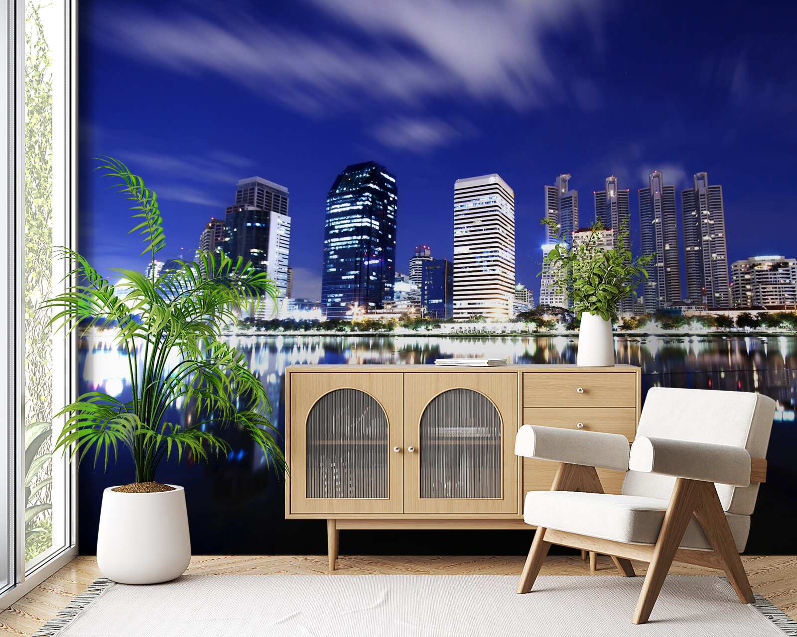 Fotobehang reflectie van wolkenkrabbers in het water bij nacht