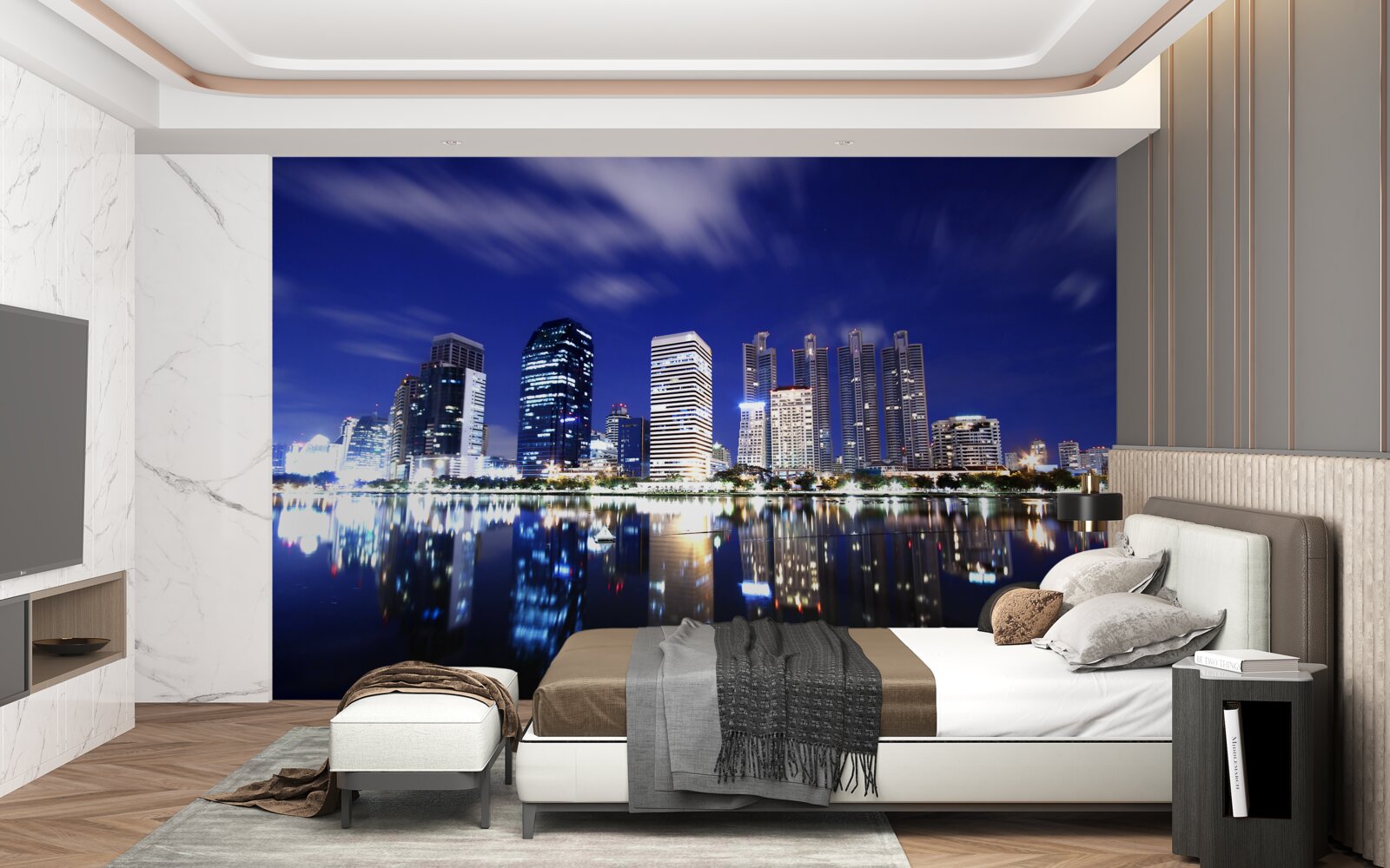 Fotobehang reflectie van wolkenkrabbers in het water bij nacht