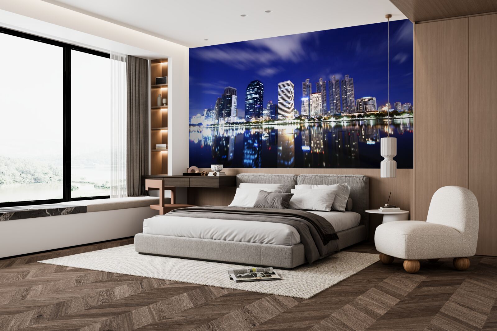 Fotobehang reflectie van wolkenkrabbers in het water bij nacht