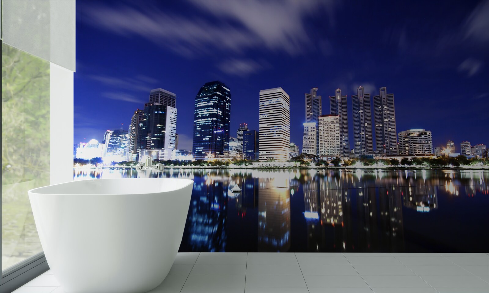 Fotobehang reflectie van wolkenkrabbers in het water bij nacht