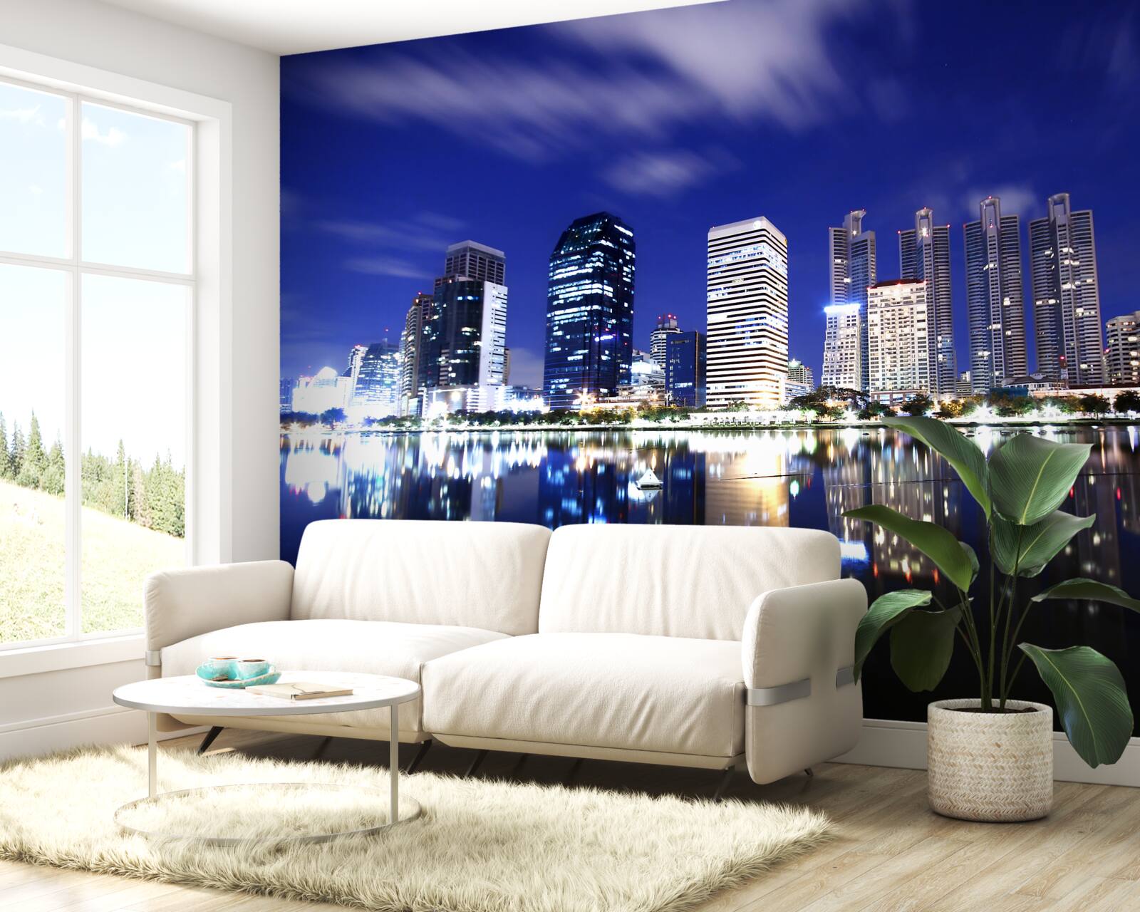 Fotobehang reflectie van wolkenkrabbers in het water bij nacht