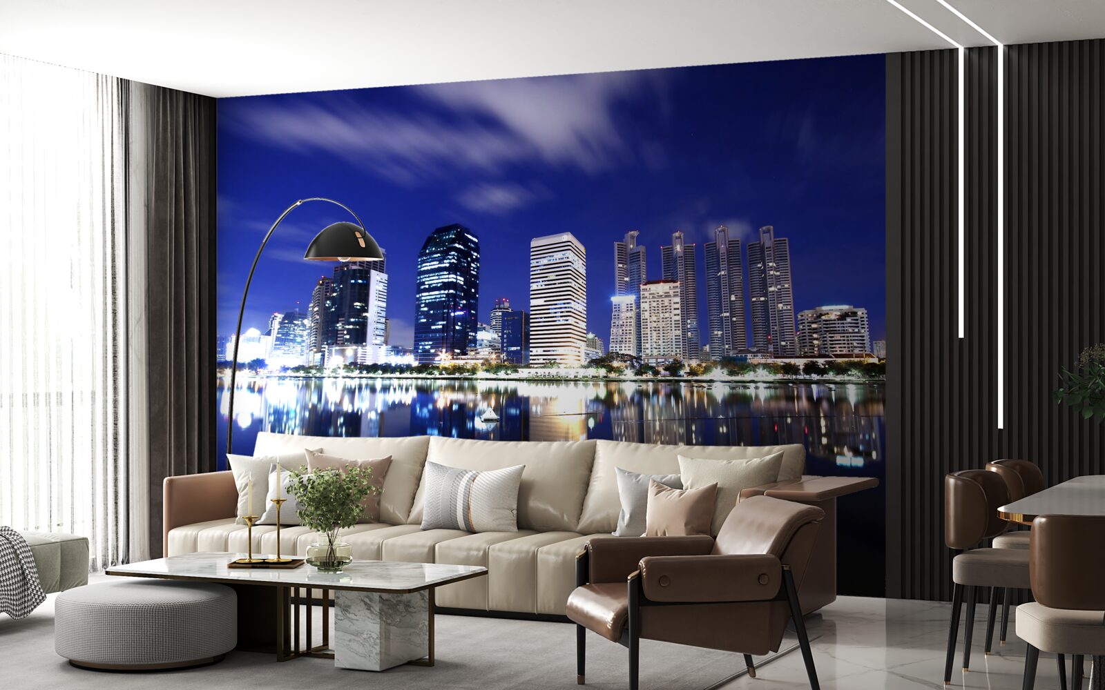 Fotobehang reflectie van wolkenkrabbers in het water bij nacht