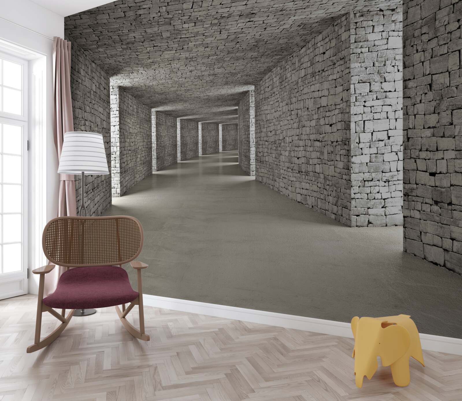 Fotobehang perspectief van een bakstenen gang