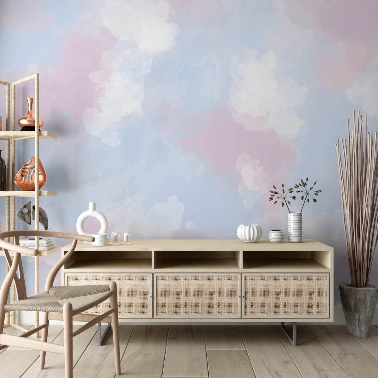 Fotobehang de lucht is versierd met blauwe en roze vlekken