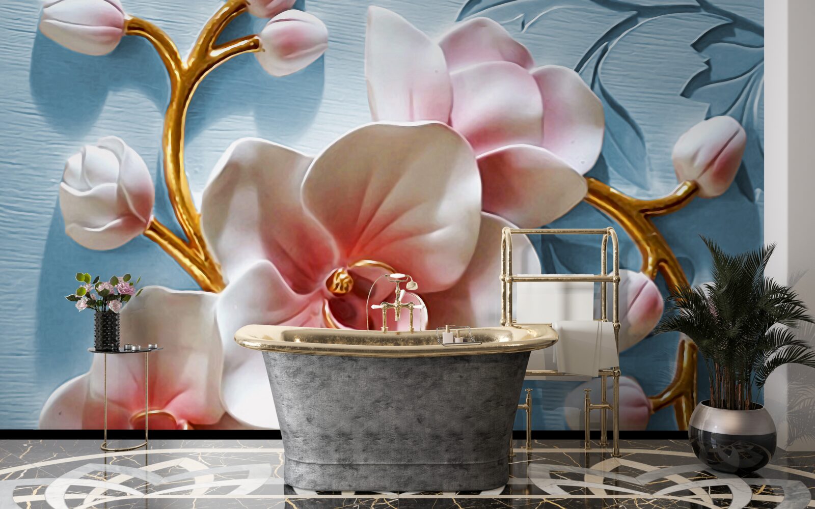 Fotobehang witte orchidee in een blauwe lucht