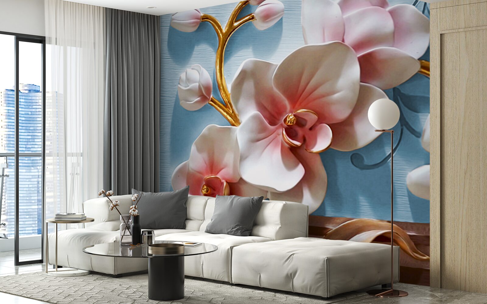 Fotobehang witte orchidee in een blauwe lucht