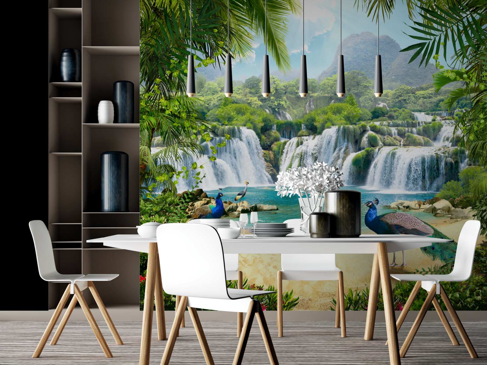 Fotobehang waterval in de magische tropen, thuisbasis van pauwen